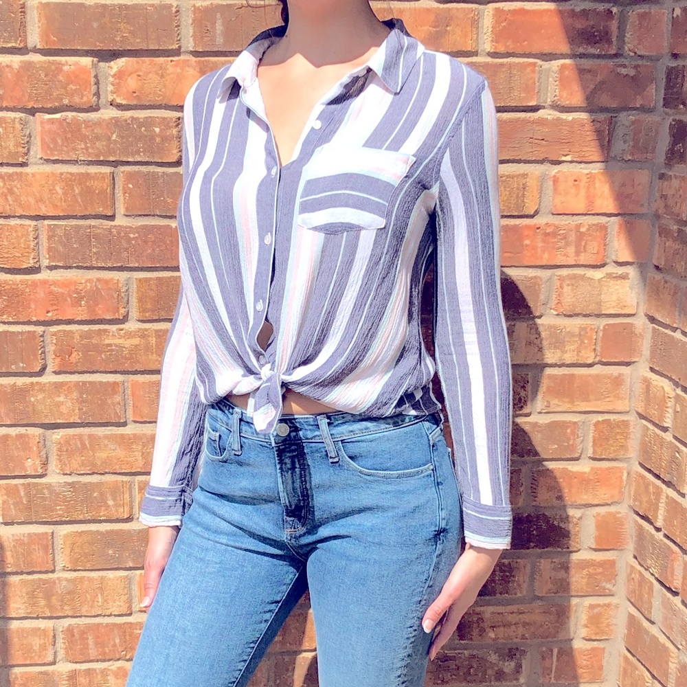 Abound Pastel & Gray Striped Long Sleeve Button Blouse SMALL